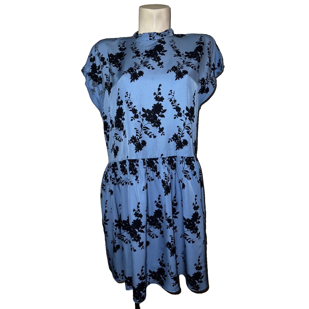 Samsoe Samsoe Blue Floral High Neck Keyhole Back Drop Waist Mini Dress Womens M